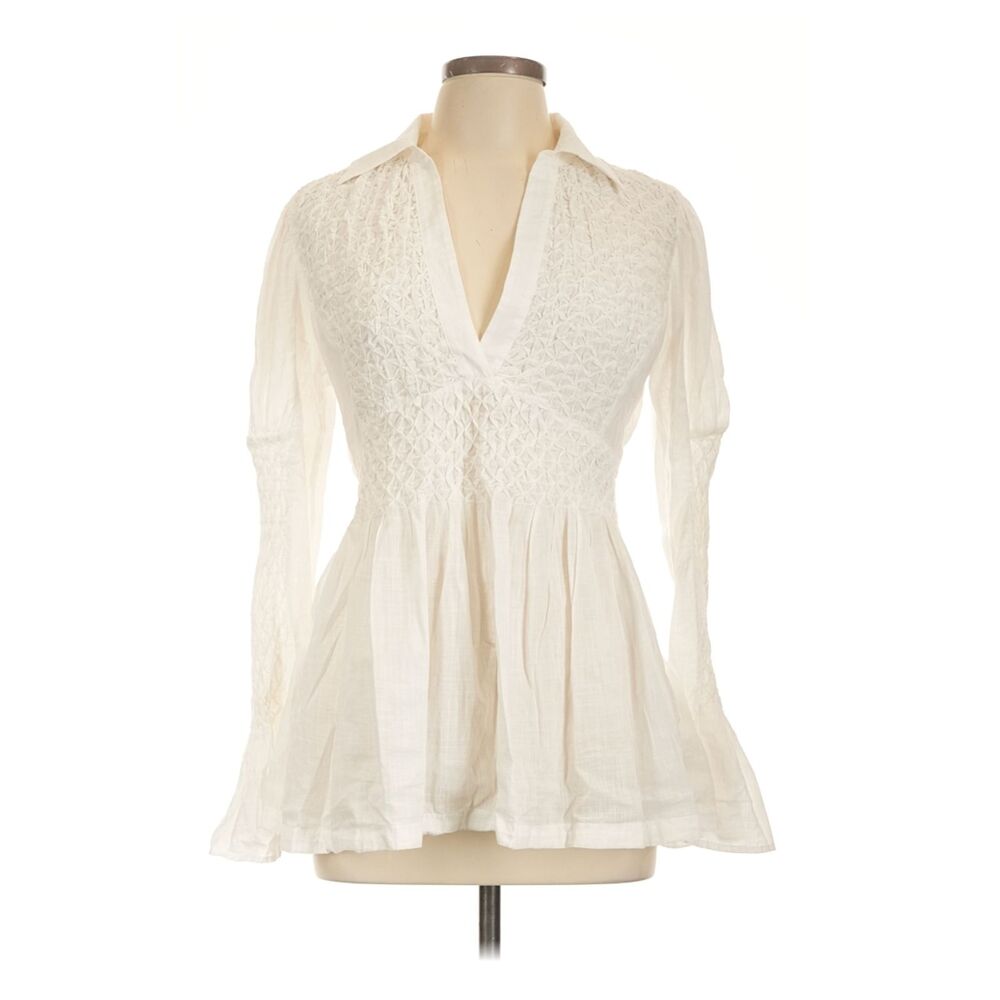 By Anthropologie White Smocked Peplum Blouse M Long Sleeve Boho Cottagecore Top